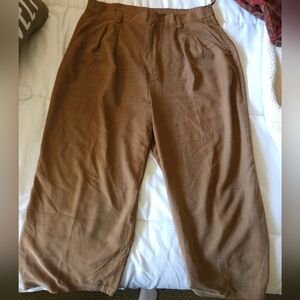Classiques Entier Brown/Tan 100% Silk Pleated Wide Leg Pants Size XL